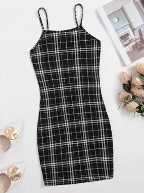SHEIN Black and White Plaid Bodycon Cami Dress - Size Small